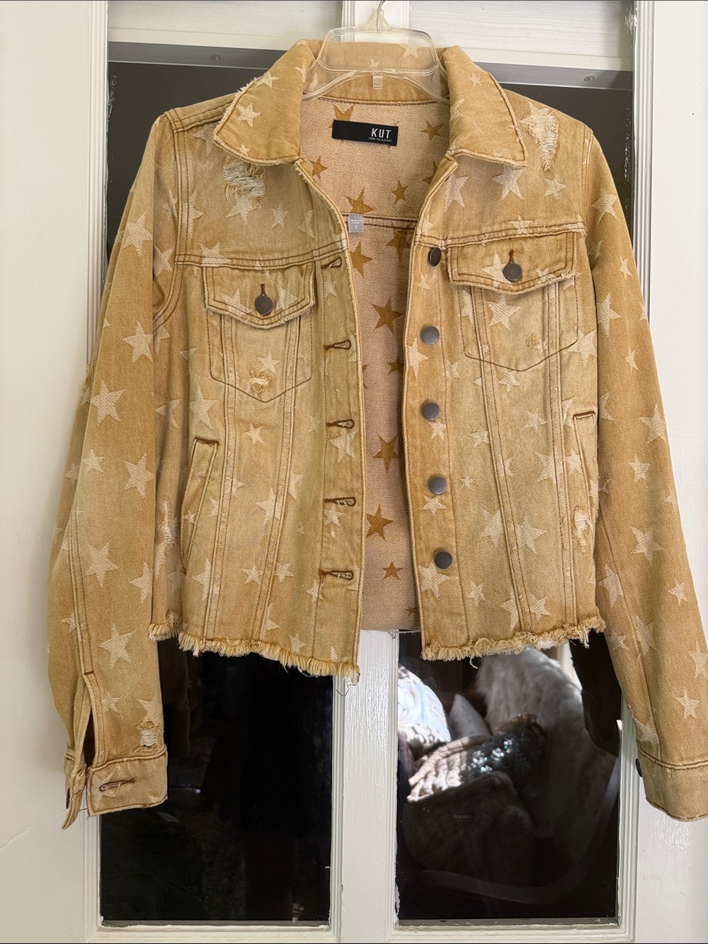 Kut from the Kloth Tan Star-Print Distressed Denim Jacket